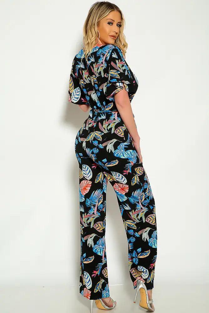 Black Floral Short Sleeve Belted Flared Jumpsuit - AMIClubwear