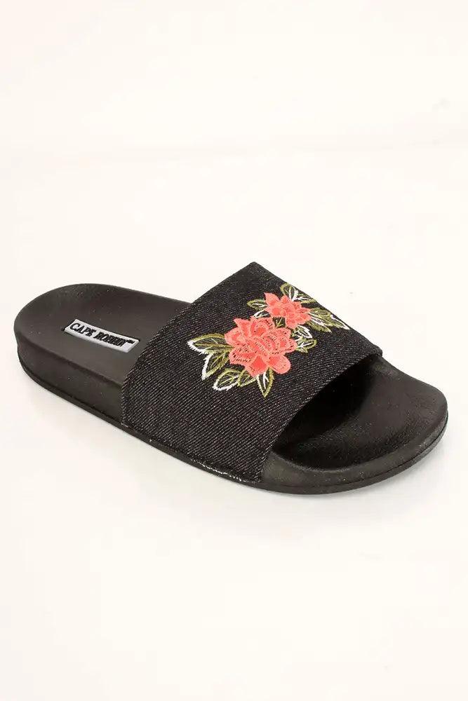 Black Floral Slip On Sandals - AMIClubwear