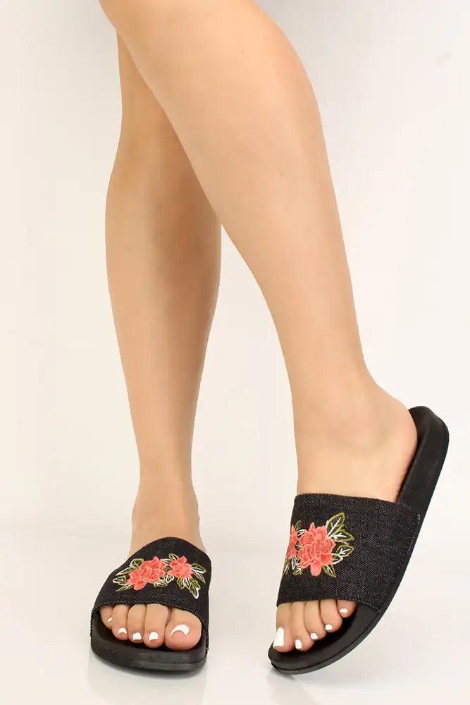 Black Floral Slip On Sandals - AMIClubwear