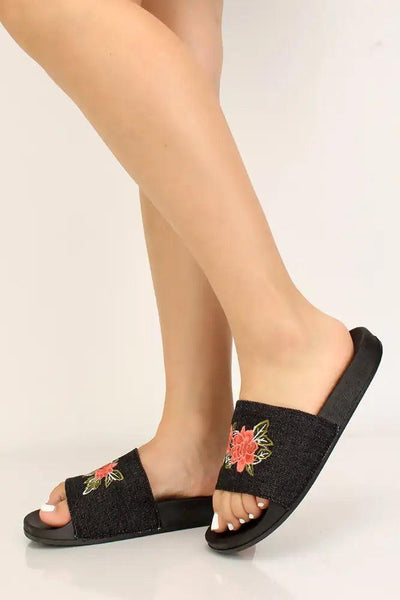 Black Floral Slip On Sandals - AMIClubwear