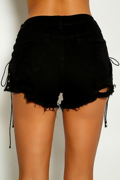 Black Frayed Lace Up Denim Shorts - AMIClubwear