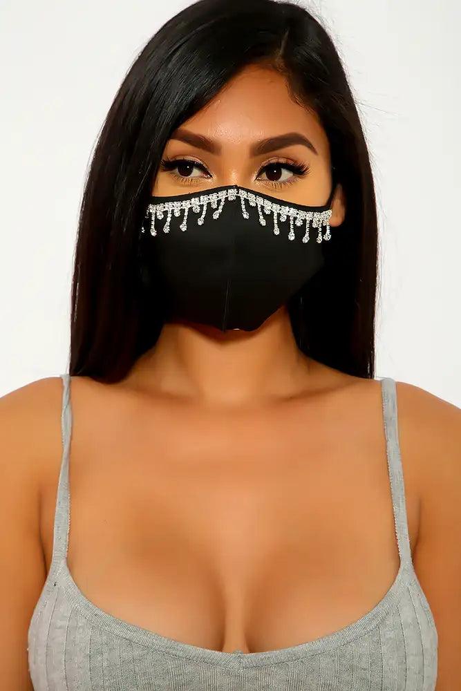 Black Fringe Accent Rhinestone Face Mask - AMIClubwear