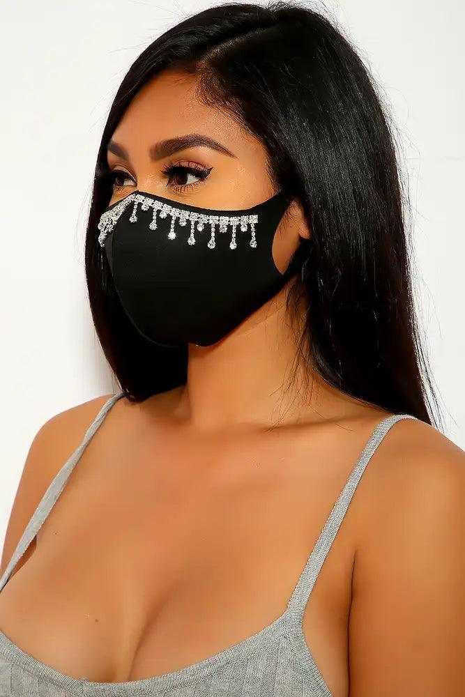 Black Fringe Accent Rhinestone Face Mask - AMIClubwear