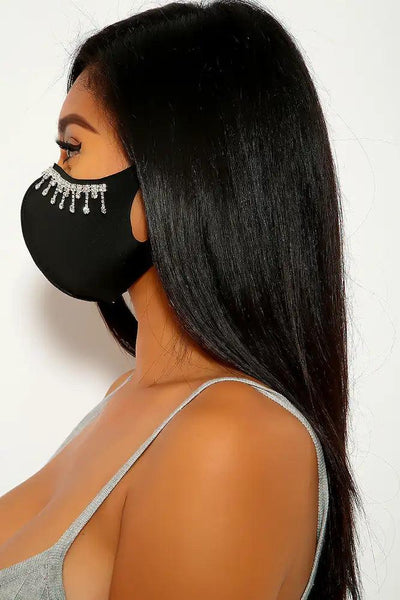 Black Fringe Accent Rhinestone Face Mask - AMIClubwear