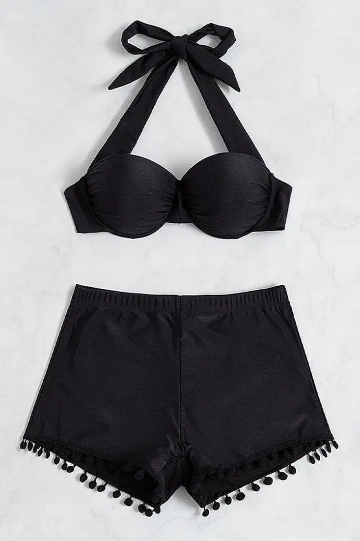 Black Fringe Halter 2pc Swimsuit