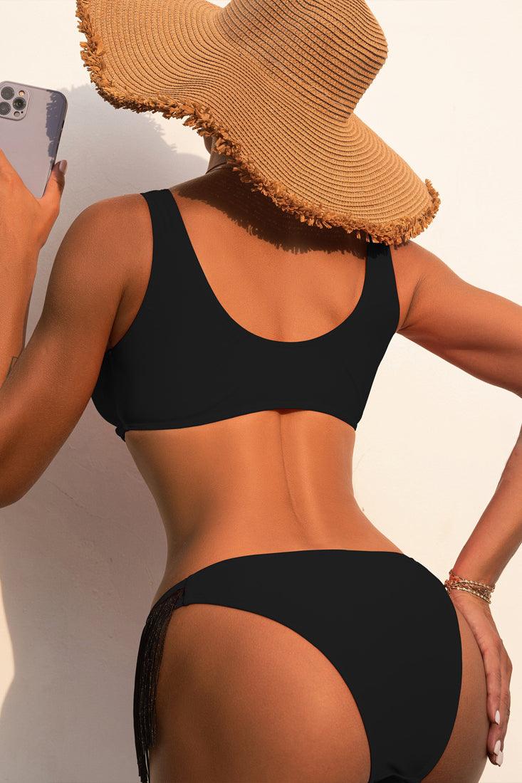 Black Fringe O-Ring Sexy One Piece Swimsuit - AMIClubwear