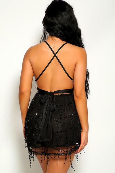 Black Fringe Sequin V-Cut Party Dress - AMIClubwear
