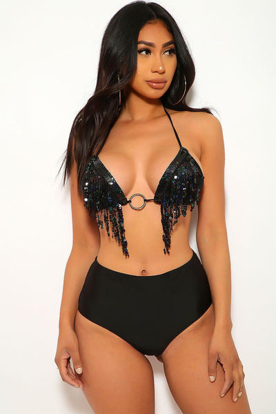 Black Fringe Sequins Two Piece Swimsuit - AMIClubwear