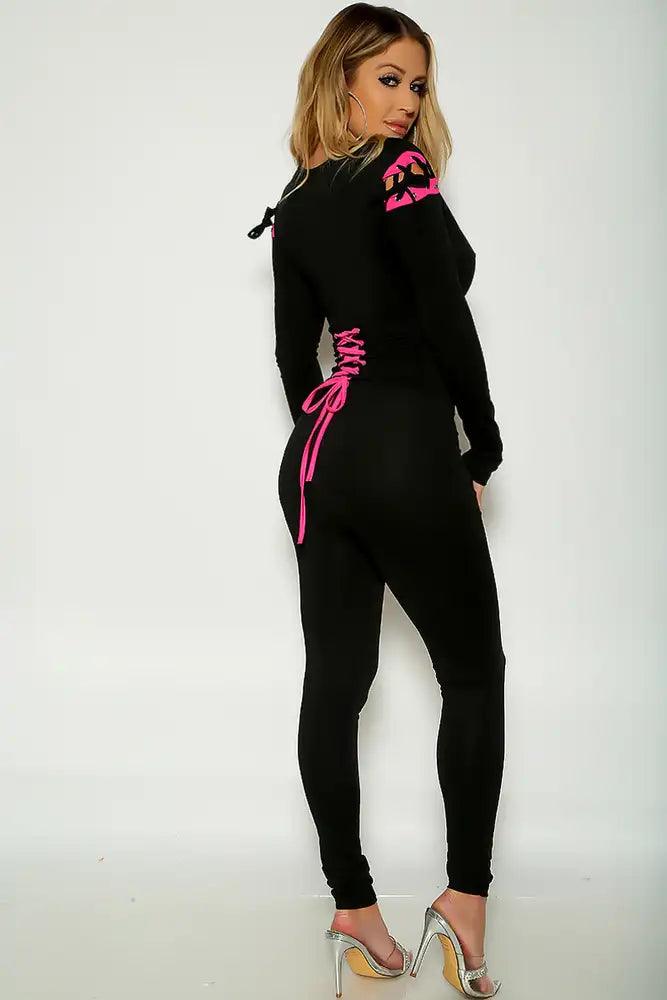 Black Fuchsia Long Sleeve Lace Up Jumpsuit - AMIClubwear