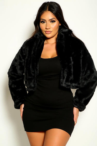 Black Fuzzy Faux Fur Cropped Jacket - AMIClubwear