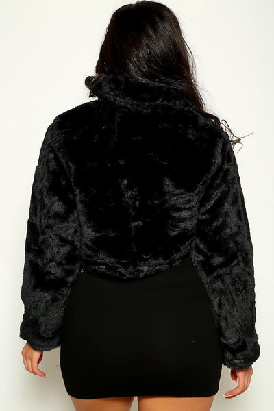 Black Fuzzy Faux Fur Cropped Jacket - AMIClubwear