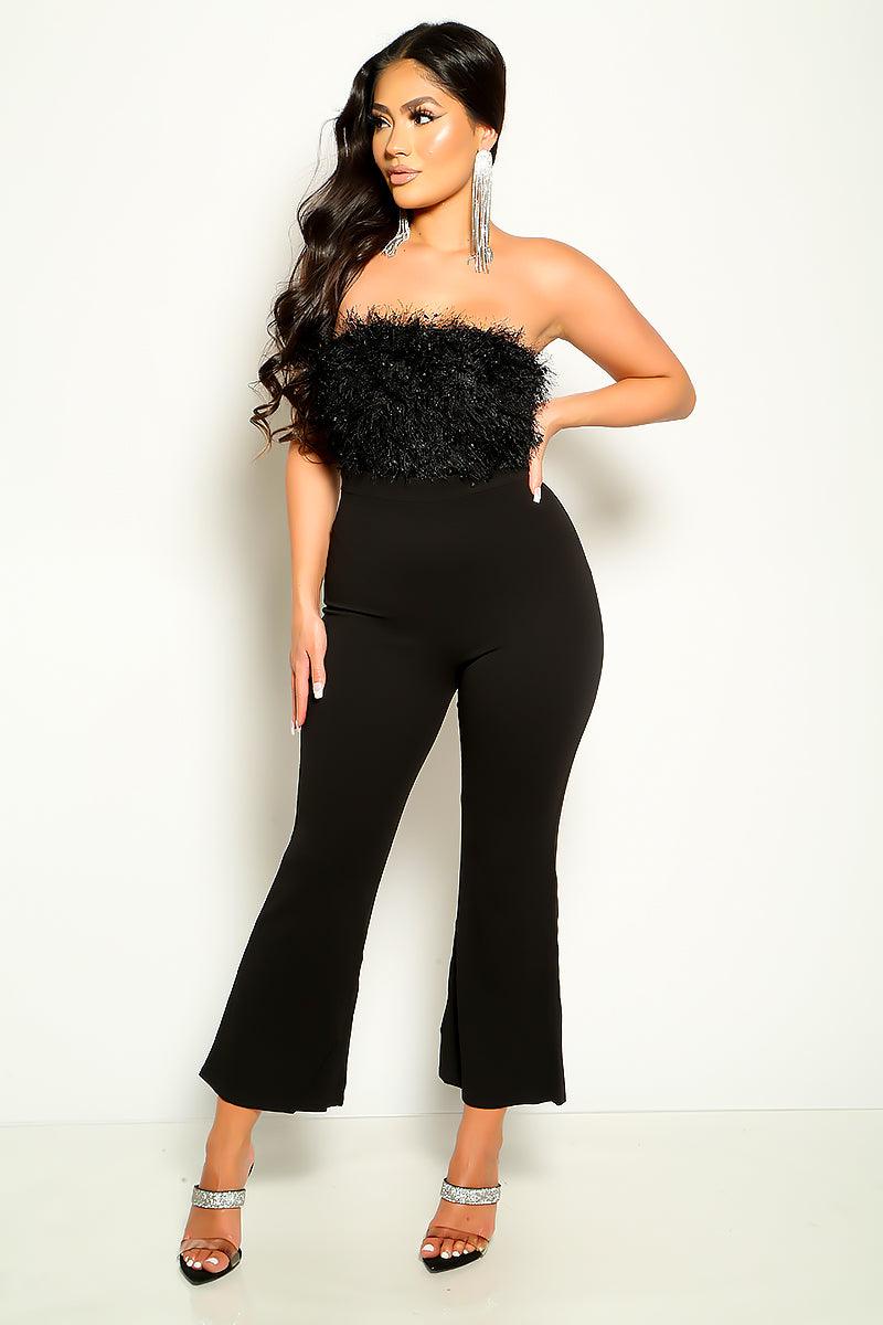 Black Fuzzy Trim Off Shoulder Sexy Jumpsuit - AMIClubwear