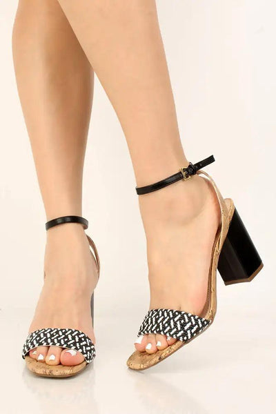 Black Geometric Print Open Toe Chunky Heels - AMIClubwear