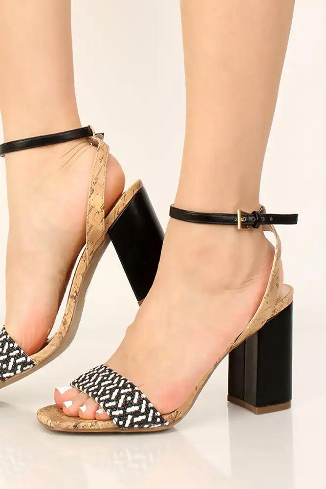 Black Geometric Print Open Toe Chunky Heels - AMIClubwear