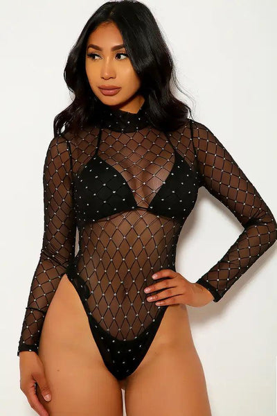 Black Glittery Accent Mesh Swimsuit Set - AMIClubwear