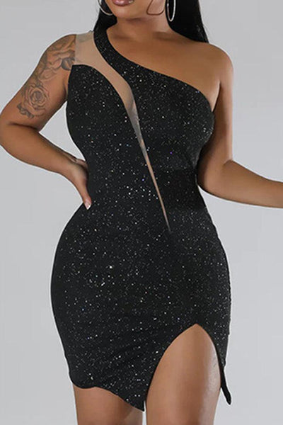 Black Glittery Asymmetrical One Shoulder Sexy Party Dress - AMIClubwear