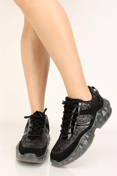 Black Glittery Metallic Lace Up Sneakers - AMIClubwear