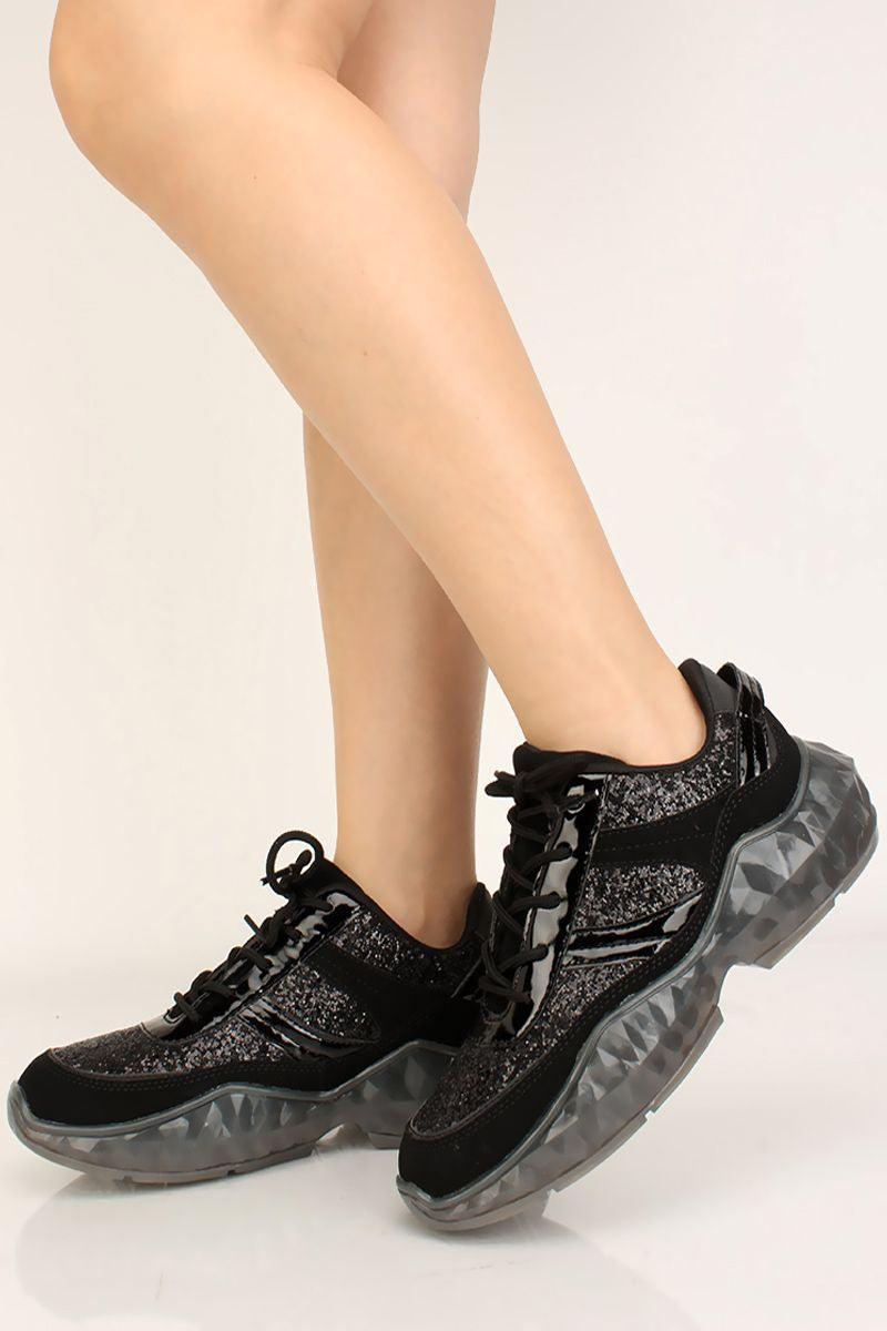 Black Glittery Metallic Lace Up Sneakers - AMIClubwear