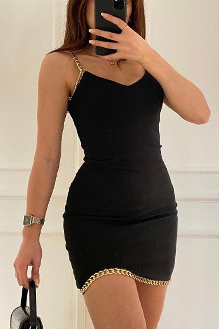 Black Gold Chain Accent Sleeveless Party Dress - AMIClubwear