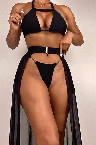 Black Gold Chain Accent Three Piece Sexy Swimsuit - AMIClubwear