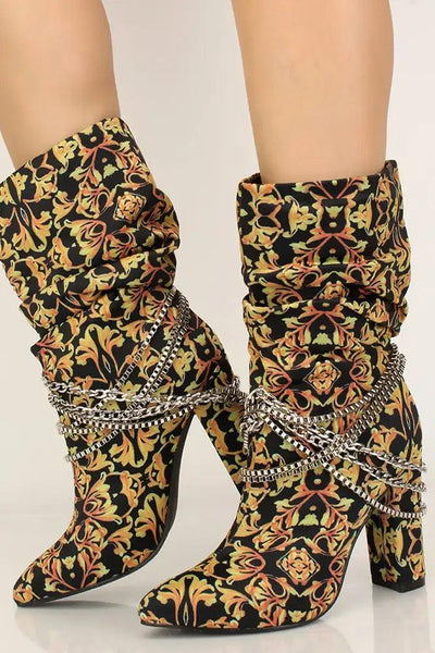 Black Gold Chain Pointy Toe Chunky Heel Booties - AMIClubwear