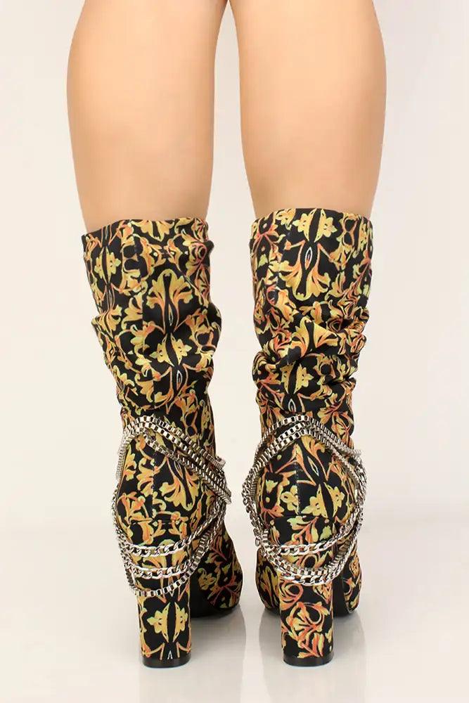 Black Gold Chain Pointy Toe Chunky Heel Booties - AMIClubwear
