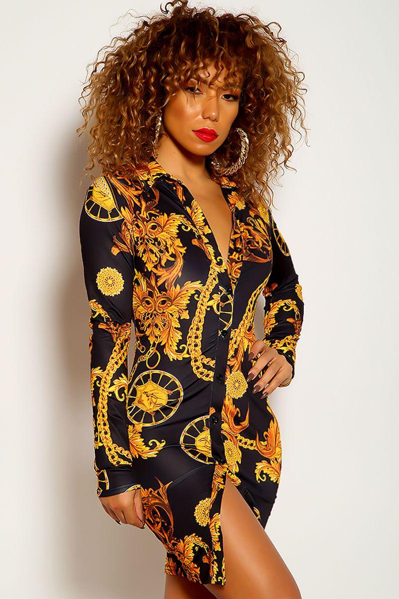 Black Gold Chain Print Button Up Dress - AMIClubwear