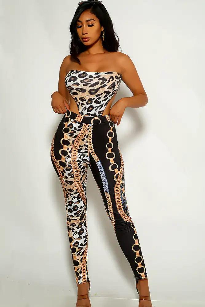 Black Gold Chain Print Two Piece Outfit - AMIClubwear