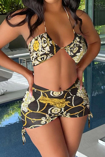 Black Gold Chain Printed Halter Two Piece Outfit - AMIClubwear