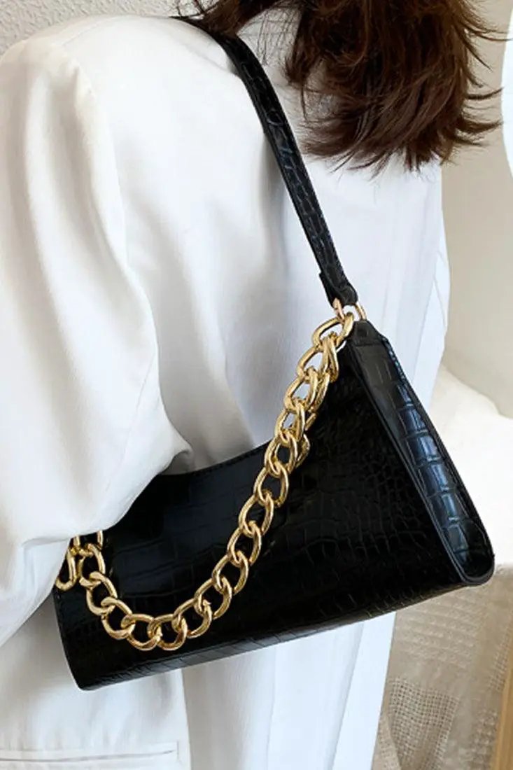 Black Gold Chain Strap Crocodile Print Handbag