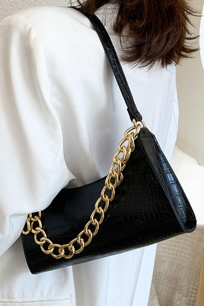 Black Gold Chain Strap Crocodile Print Handbag - AMIClubwear