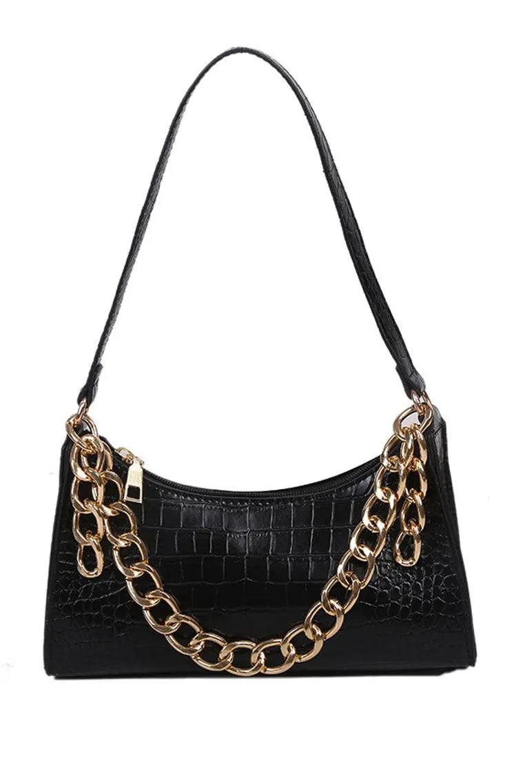 Black Gold Chain Strap Crocodile Print Handbag