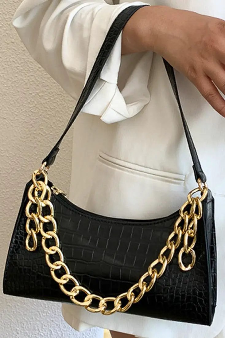 Black Gold Chain Strap Crocodile Print Handbag