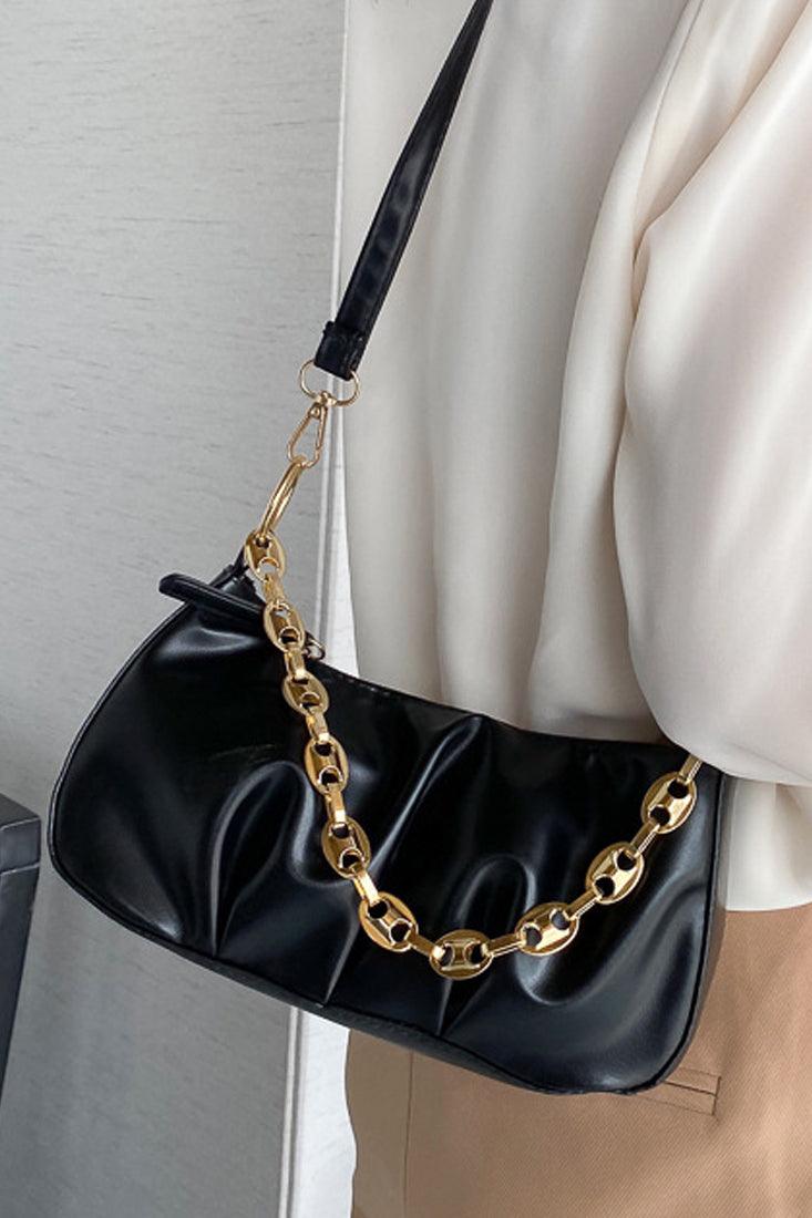 Black Gold Chain Strap Ruched Cross Body Hand Bag - AMIClubwear