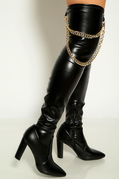 Black Gold Chain Thigh High Side Zip High Heel Boots - AMIClubwear