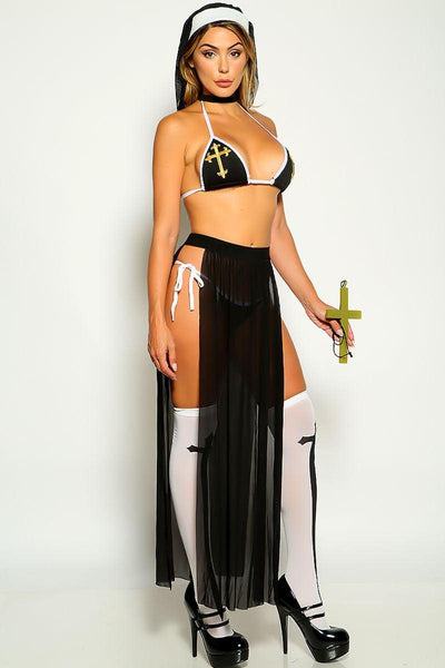 Black Gold Cross Detail Sexy Nun 4 Piece Costume - AMIClubwear