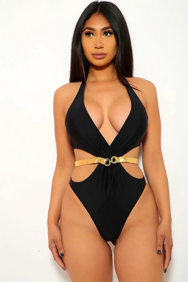 Black Gold Cut Out One Piece Monokini