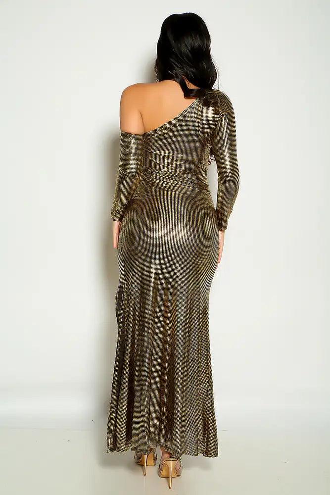 Black Gold Dotted Metallic One Shoulder Long Sleeve Cocktail Maxi Dress - AMIClubwear