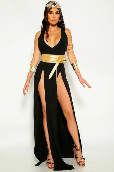 Black Gold Double Slit Sexy Goddess 3 Piece Costume - AMIClubwear
