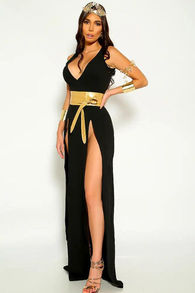 Black Gold Double Slit Sexy Goddess 3 Piece Costume - AMIClubwear