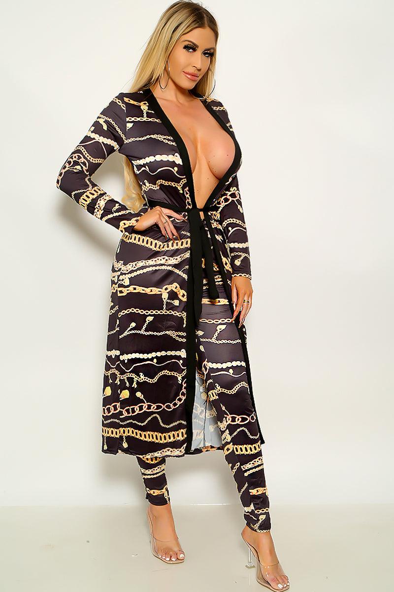 Black Gold Graphic Design Long Sleeve Kimono & Legging 2 Pc Set - AMIClubwear