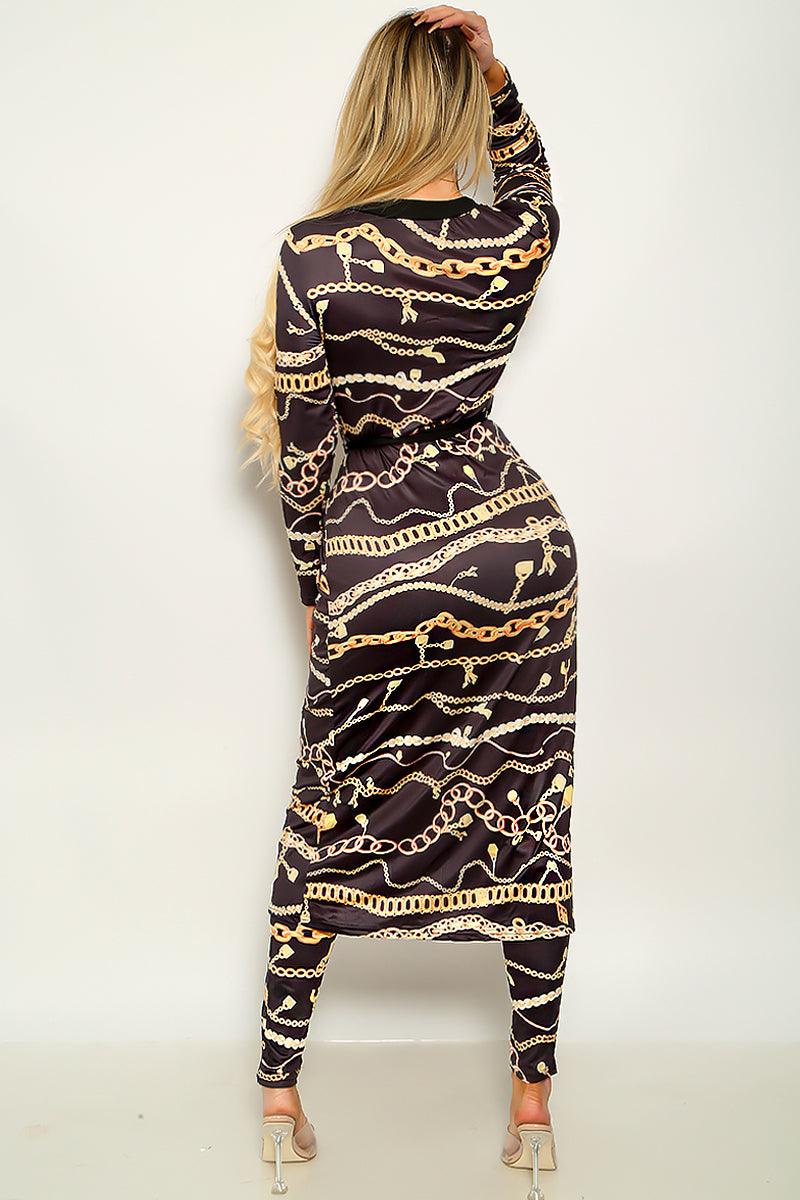 Black Gold Graphic Design Long Sleeve Kimono & Legging 2 Pc Set - AMIClubwear