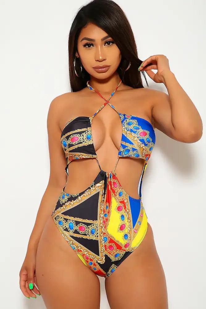 Black Gold Graphic Print One Piece Monokini - AMIClubwear