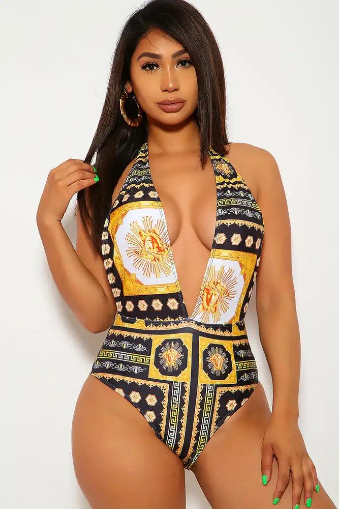 Black Gold Graphic Print One Piece Swimsuit - AMIClubwear