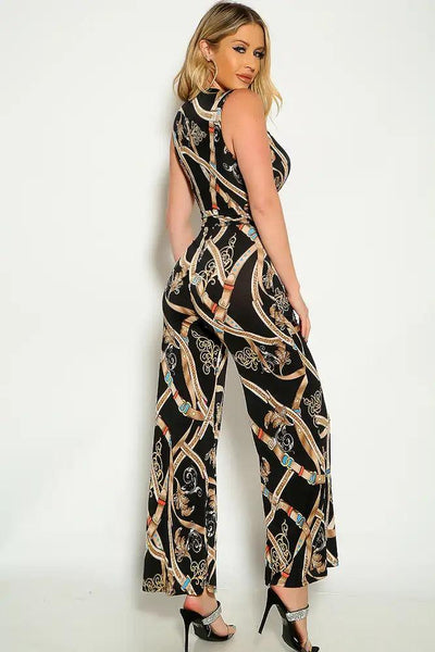 Black Gold Graphic Print Sleeveless Flared Leg Jumpsuit - AMIClubwear