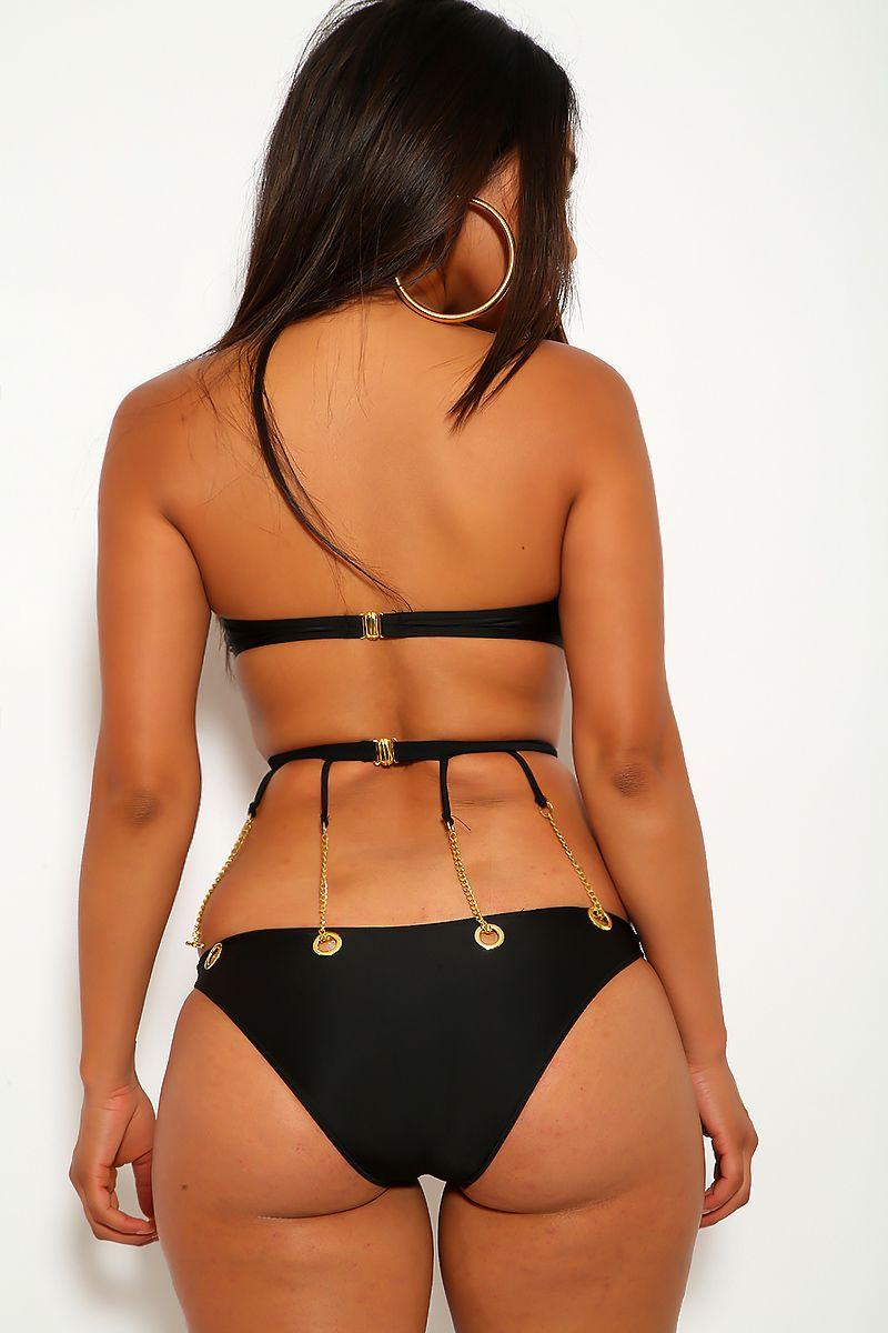 Black Gold Grommet Strappy Bandeau Two Piece Swimsuit - AMIClubwear