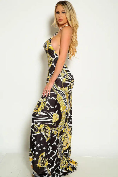 Black Gold Halter Graphic Print Maxi Dress - AMIClubwear