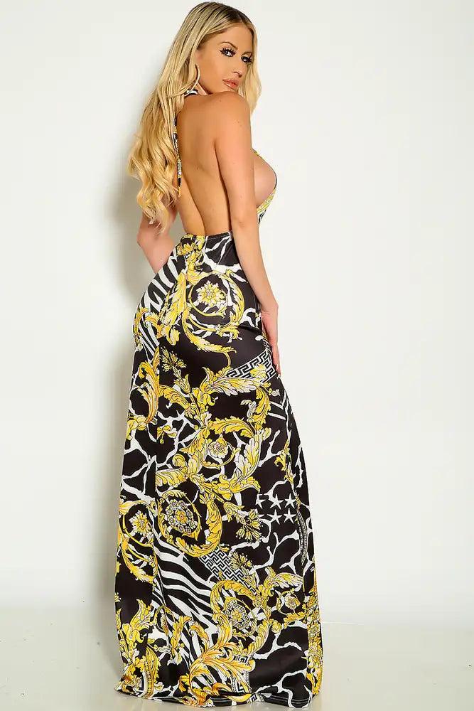 Black Gold Halter Graphic Print Maxi Dress - AMIClubwear