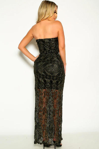 Black Gold Lace Sexy Strapless Mesh Party Dress - AMIClubwear