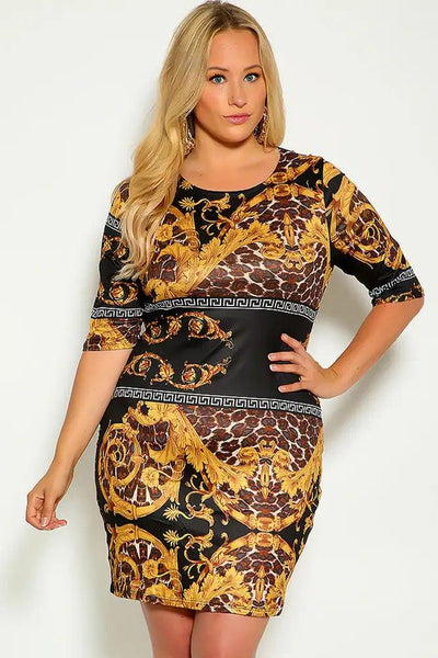 Black Gold Leopard Print Quarter Sleeve Plus Size Dress - AMIClubwear